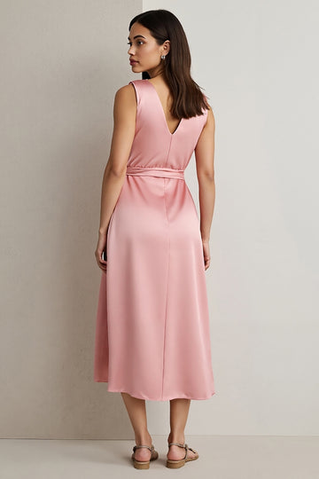 Pink Satin V-Neck Maix Work Dress with Drape